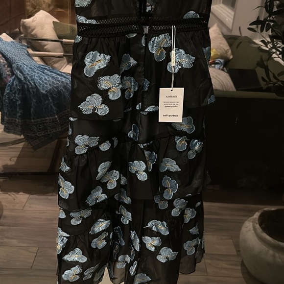 Self-portrait size 2 dress, midi length is black with blue flowers, nwt - Picture 10 of 11